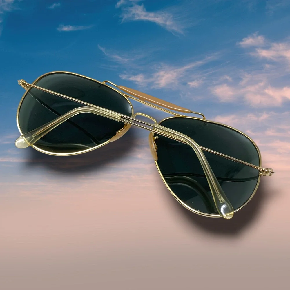 US Fighter Squadron Aviator Sunglasses Gold Frame Green Lens + Printed Case